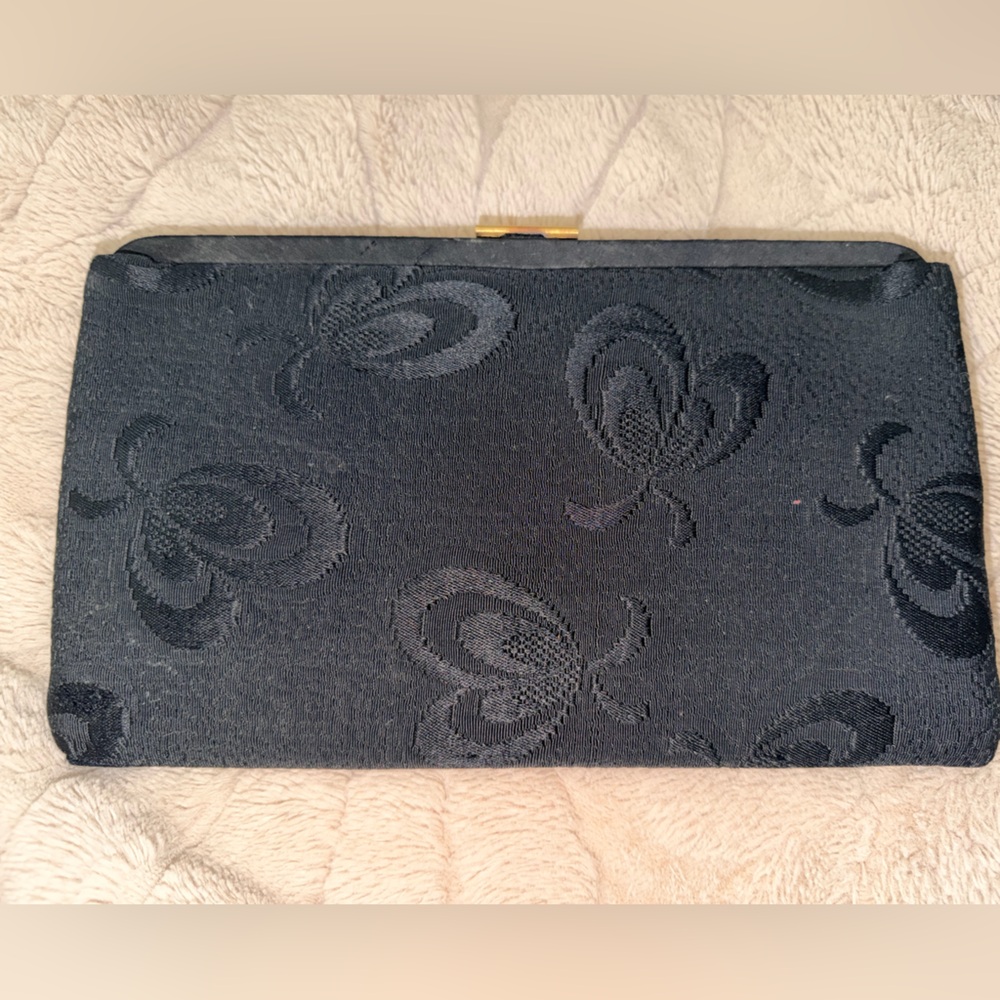 Vintage Garay Black Gold Handbag With design on fabric Late 1950’s -Early 1960’s